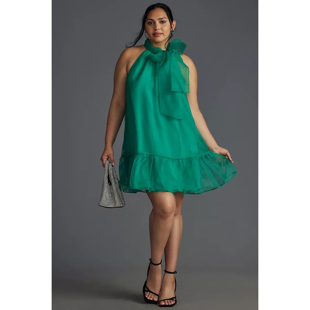 nwot ANTHROPOLOGIE MAEVE sz 3X Organza Bow-Neck Dress in kelly green
